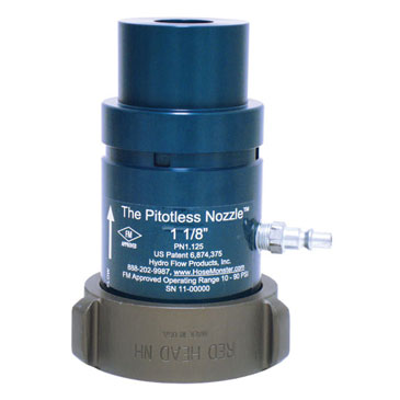 View the Hose Monster brand one and one-eight-wide grooved nozzle for water flow measurement.