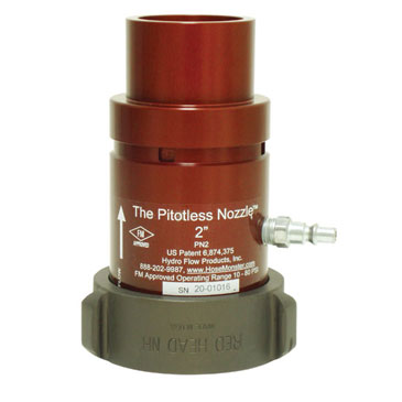 Measure the water flow rate using the Hose Monster 2 inch wide water flow rate nozzle for fire pump tests.